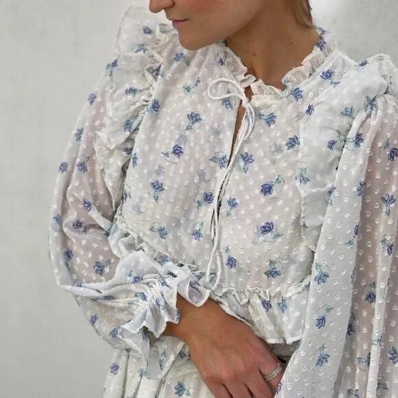 Stella Nova Barbara Dress in Soft Blue Floral Ruffled Tiered Frilly Chiffon Maxi - Picture 10 of 15